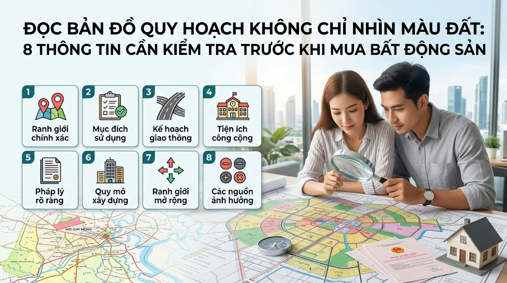Đọc bản đồ quy hoạch không chỉ nhìn màu đất: 8 thông tin cần kiểm tra trước khi mua bất động sản