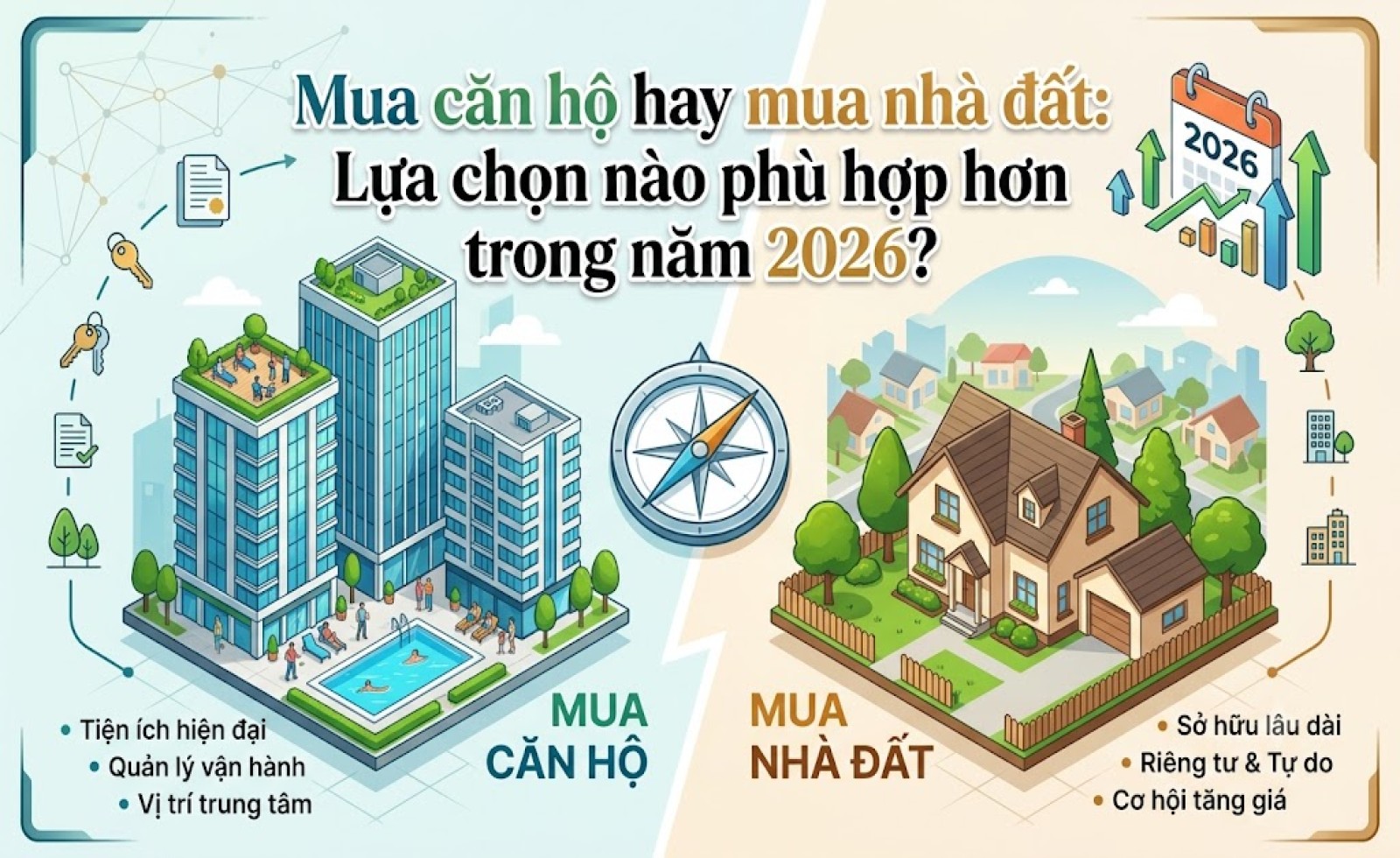 Mua căn hộ hay mua nhà đất: Lựa chọn nào phù hợp hơn trong năm 2026?
