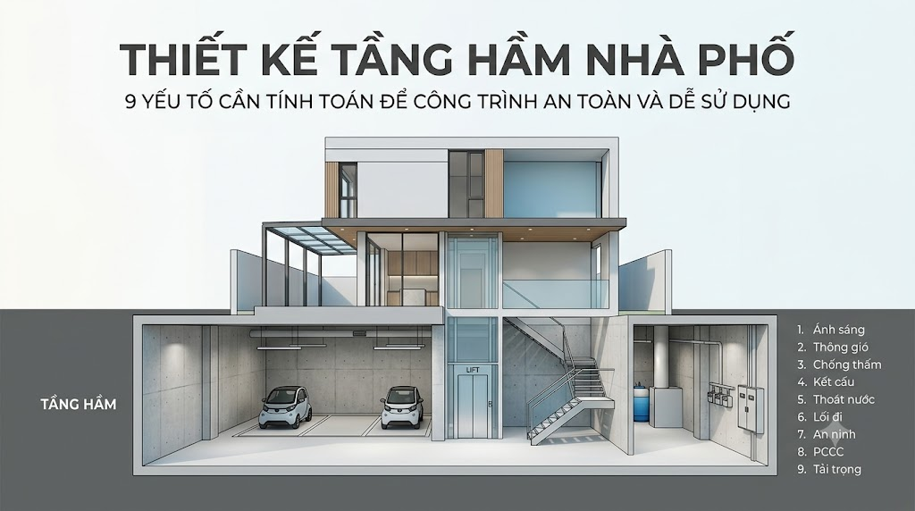 Thiết kế tầng hầm nhà phố: 9 yếu tố cần tính toán để công trình an toàn và dễ sử dụng