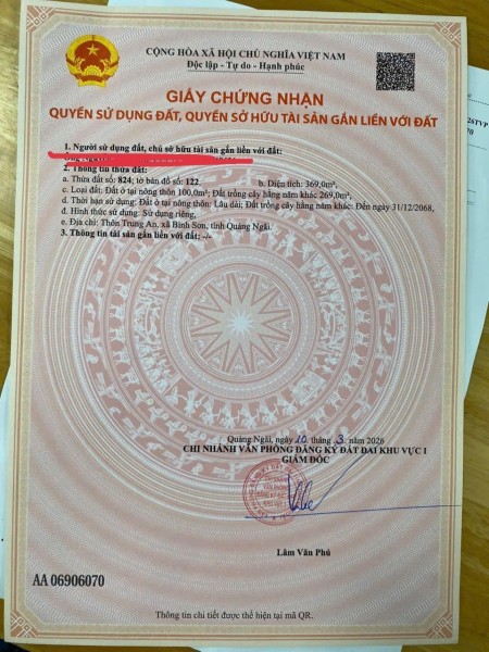 Bán lô đất ở thôn trung an xã bình Thạnh huyện bình sơn tỉnh quảng