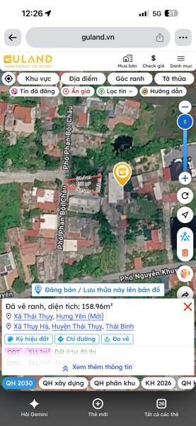 Chính chủ cần bán thửa đất đẹp 158m2 có sẵn 76.5 m2 thổ cư, đất nở hậu, giá 2.2 tỷ, mặt tiền Phố Phan Bội Châu