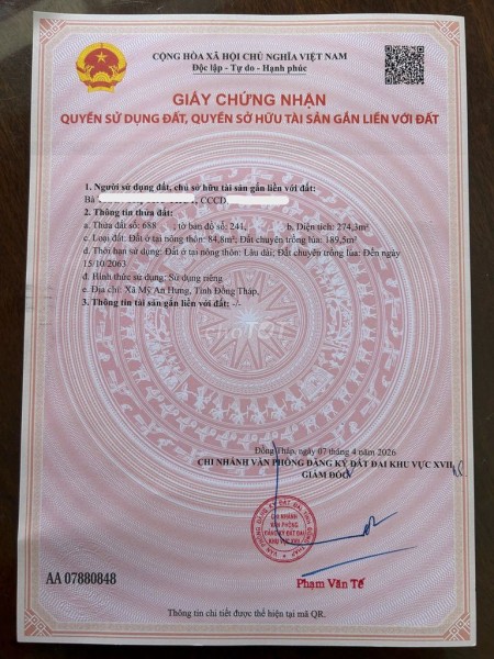 Đất nền mặt tiền 13m kế bên trường THPT Lấp Vò 2