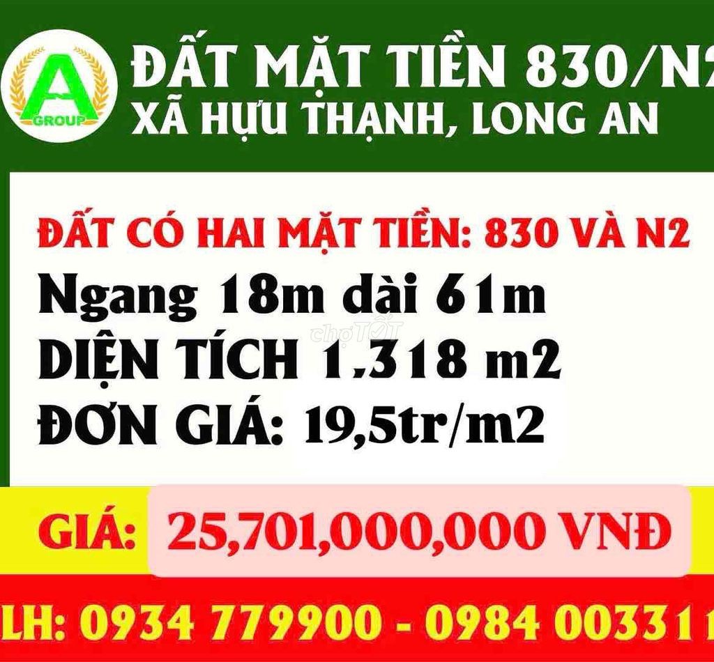 BÁN ĐẤT 2 MẶT TIỀN ĐƯỜNG 830 & N2 – XÃ HỮU THẠNH, LONG AN - Ảnh 2
