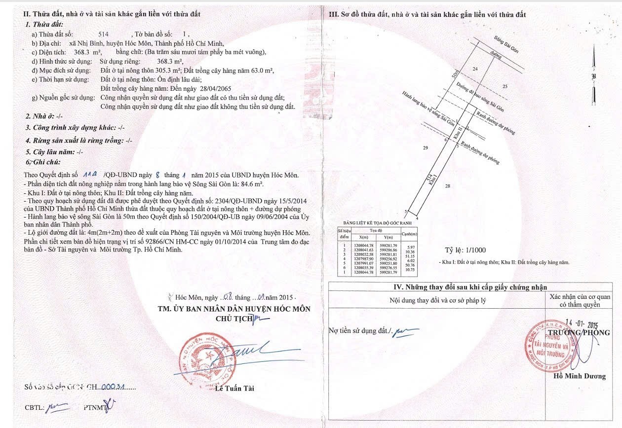 Bán Đất 368.3m2 có sẵn 305.3 m2 thổ cư giá 6.8 tỷ tại Xã Nhị Bình Huyện Hóc Môn TP. Hồ Chí Minh. Mặt tiền sông Sài Gòn - Ảnh 1