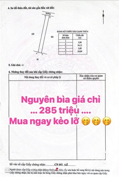 Em bán bìa này 285 triệu . 5m ngang x chiều dài 54m có thổ cư 70