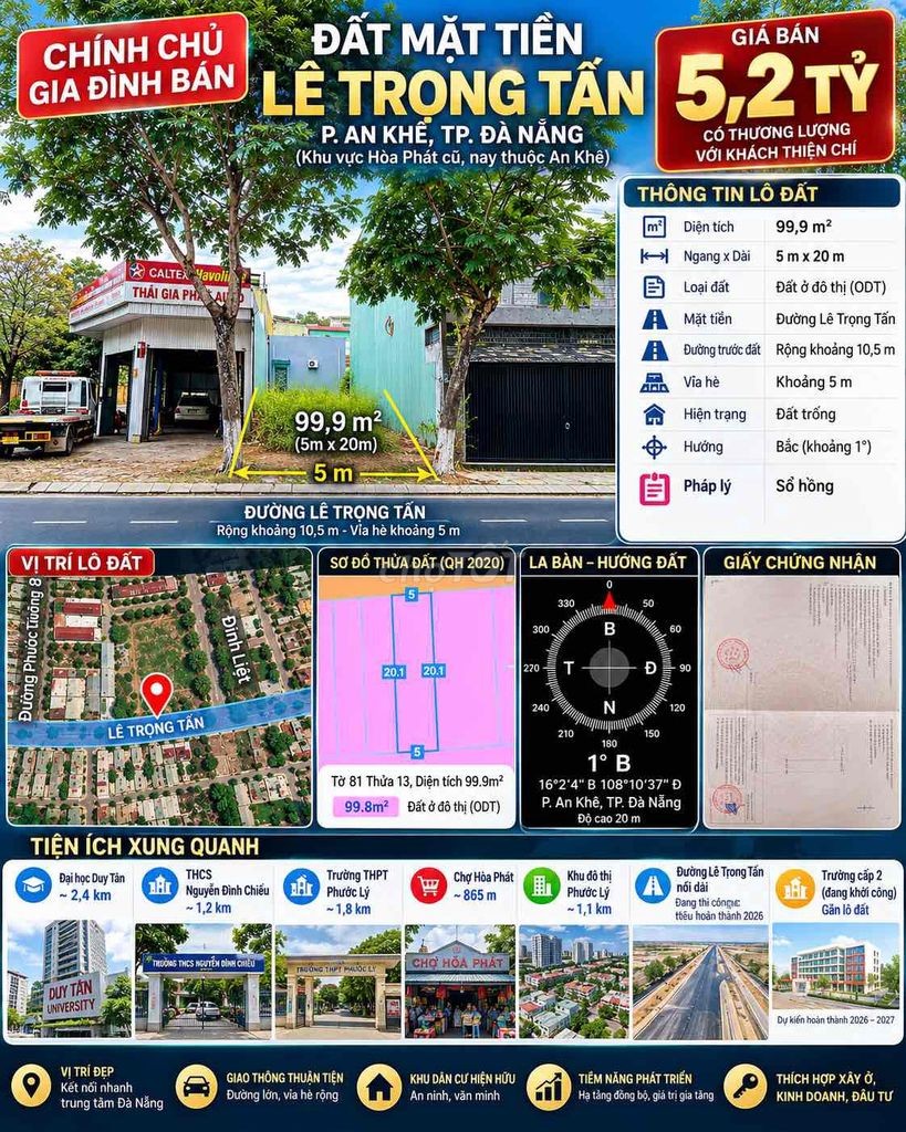 Bán đất mặt tiền Lê Trọng Tấn, 99,9m², đường 10,5m- 5m giá 5,2 tỷ - Ảnh 3