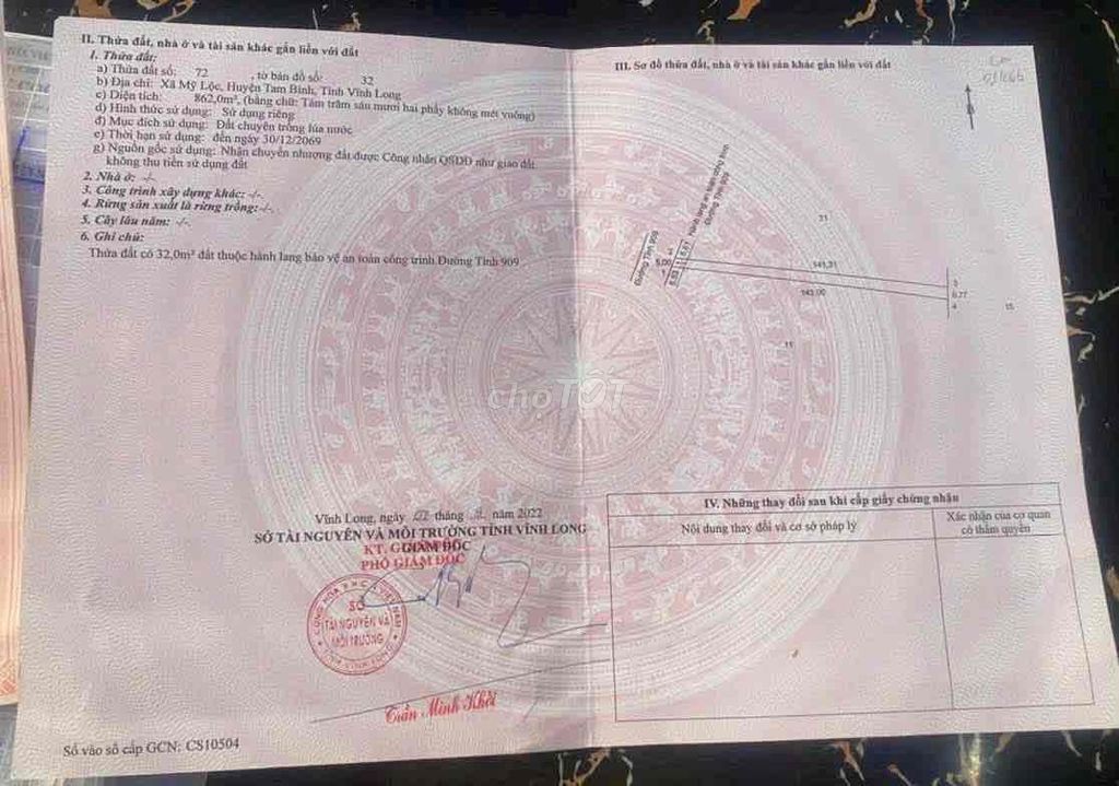 Cần bán Đất mặt tiền đường tỉnh lộ 909. Xã Mỹ Lộc , Tam Bình, tỉnh Vĩ - Ảnh 1
