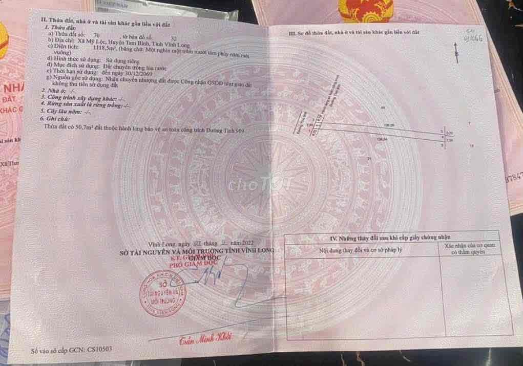Cần bán Đất mặt tiền đường tỉnh lộ 909. Xã Mỹ Lộc , Tam Bình, tỉnh Vĩ - Ảnh 6